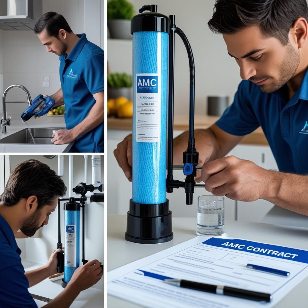 Collage of RO water purifier installation, technician cleaning filter, and AMC contract form.”
