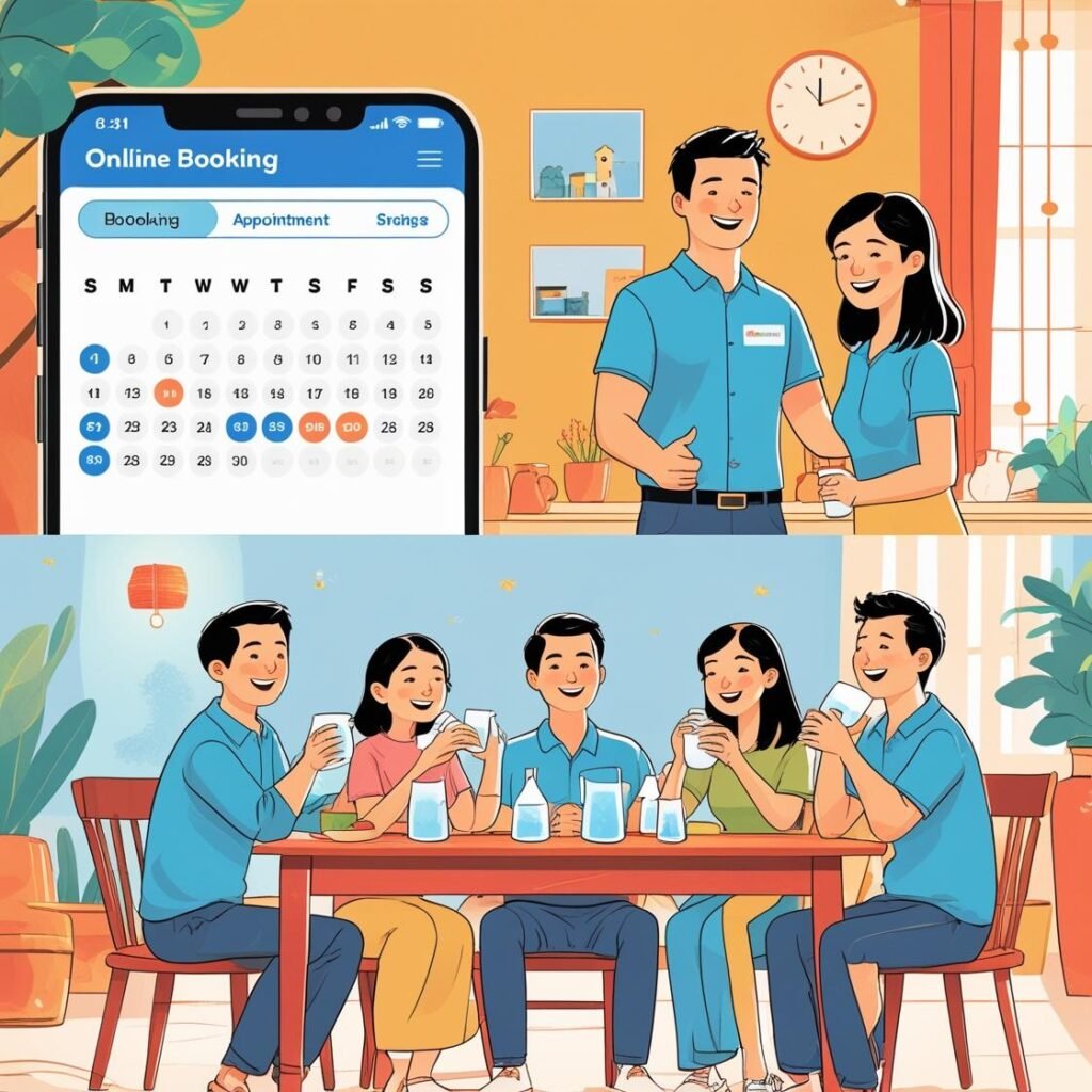 “Illustration of 3-step service_ booking, technician arriving, family drinking water.”
