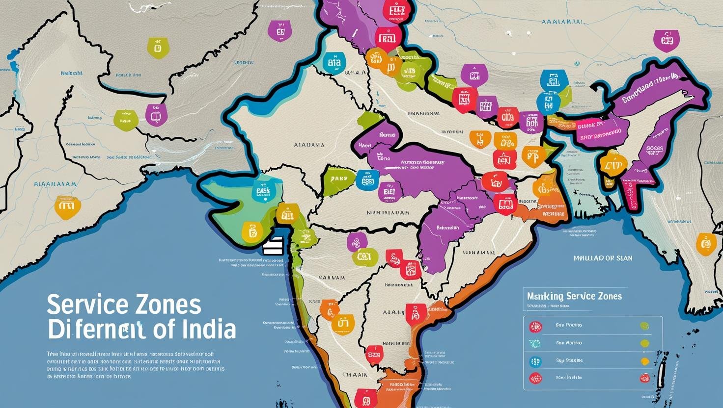 India map with icons marking service zones across all cities.